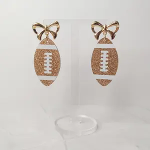 #278 Brown Glitter Football with Gold Bow Stud Earrings, Sports, Athlete, Casual, Acrylic, Game Day