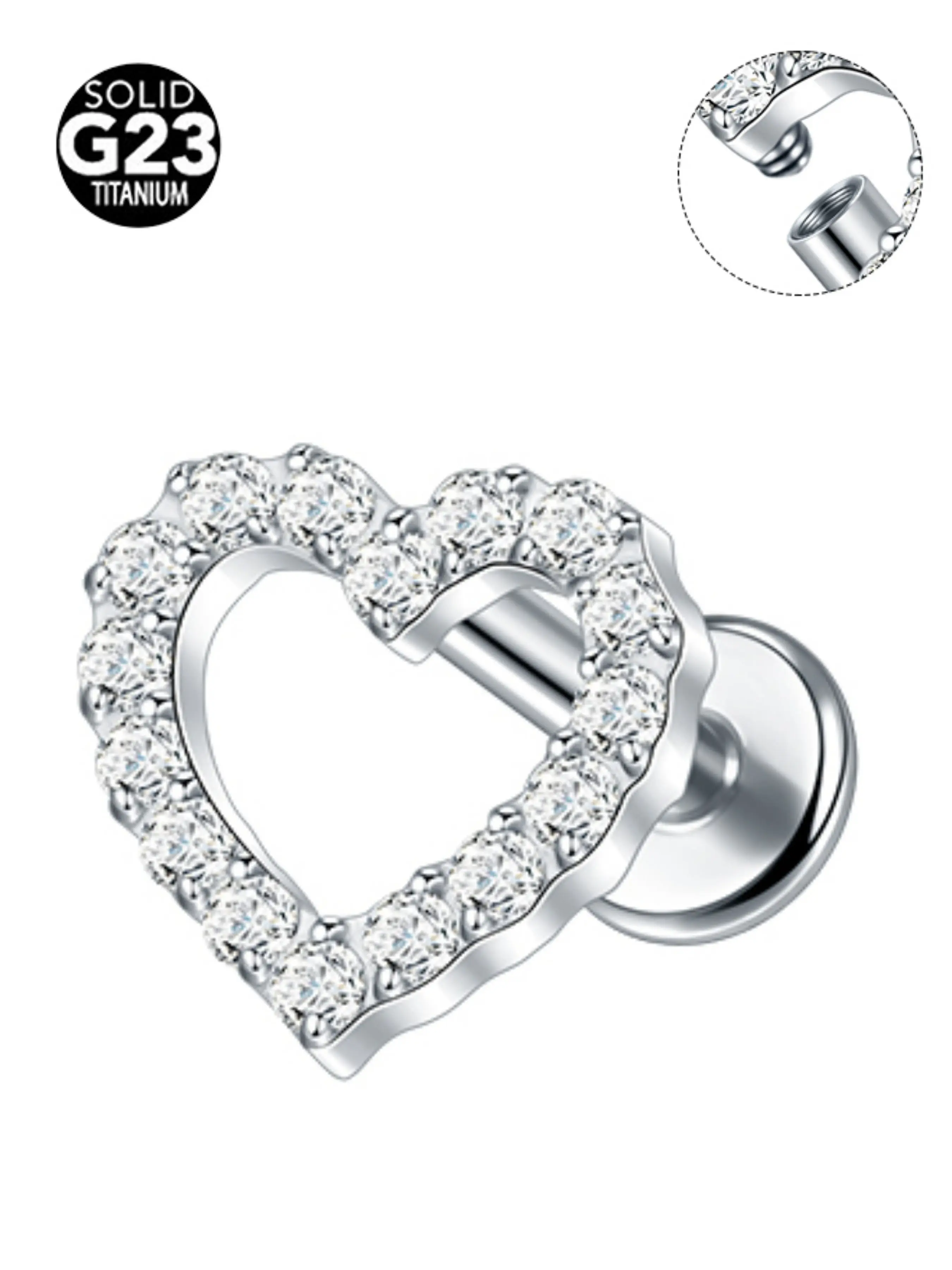Women's Punk Style Titanium 16g/18g Cz Heart Flat Back Labret Stud Lip Cartilage Conch Helix Tragus Earlobe Body Piercing Jewelry Gift Cartilage Piercings