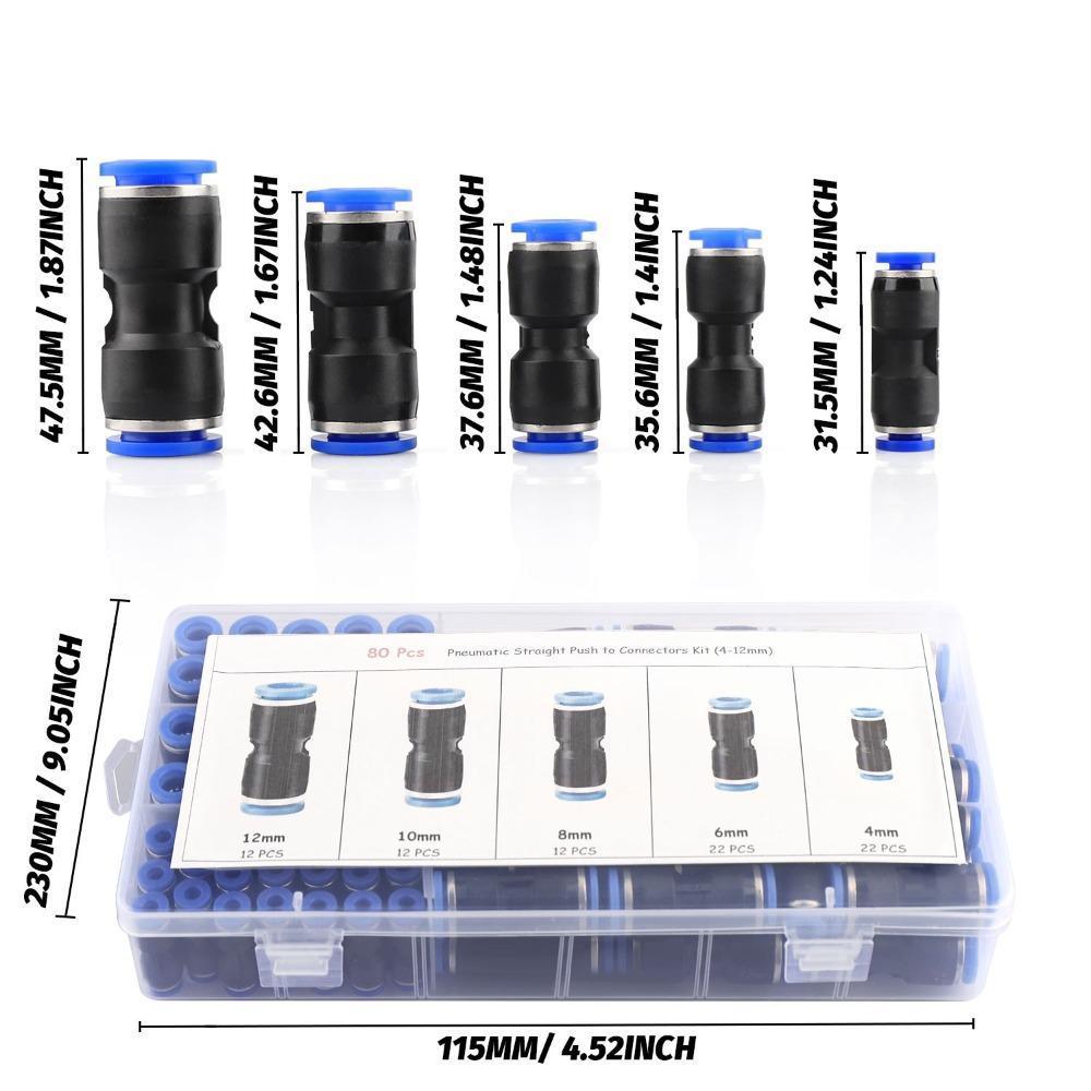 Pack of 80 Quick Connect Air Hose Fittings – Pneumatic Push to Connect Fitting Kit, Air Line Connectors, Push-In Fittings, Universal Quick Release Air Fittings Assortment