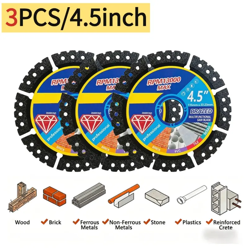 4.5-in Universal Multi-Purpose Diamond Cut-Off Wheels, 3-Piece Heavy-Duty Angle Grinder Discs Set - Compact Size, Cost Savings, Dry & Wet Cutting, Long Service Life, Fits Marble, Granite, Metal, Fit