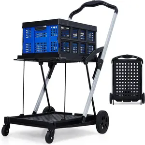 Foldable Grocery Cart with Removable Crate - 2-Tier Rolling Utility Cart, Heavy-Duty Collapsible Trolley for Supermarket, Apartment & Picnic