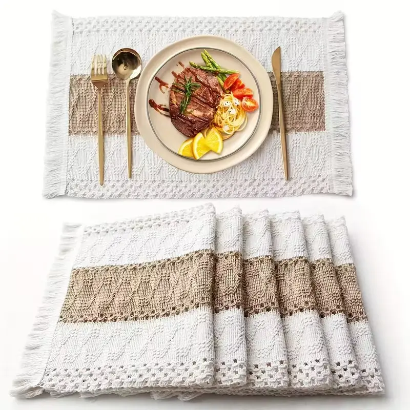 6Pcs Thick Stripes Boho Crochet Placemats Set - 11.8"x19.6" Farmhouse Burlap Cotton Tassel Table Mats, Handmade Macrame Heat-Insulation Dining Accessories, Thoughtful Gift for Birthdays, Home Decor