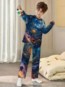 Galaxy Dream Starry Sky Full Print 2-Piece Boys' Digital Printed Long-Sleeve Pajamas with Long Pants, Flame-Retardant Fabric, comfortable and soft pajama set, Print Sleepwear, suitable for sleeping and home leisure. Made of 100% polyester