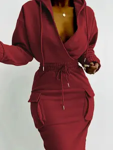 Women's Hooded Cross-Neck Waist-Cinched Cargo Dress with Utility Pockets - Fitted Midi Length Dress for Fall/Winter, Curve-Enhancing Outfits for Dates, Outings & Parties (Hand Washable Solid Color) |   Elegant Workwear for women