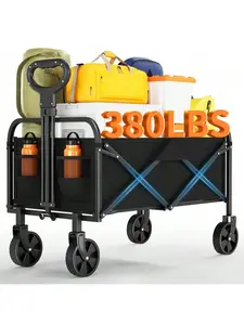 Black Collapsible Wagon, Heavy Duty Wagon Carts Foldable, Portable Wagons For Groceries, Beach Cart , Utility Wagon For Shopping, Sports, Camping