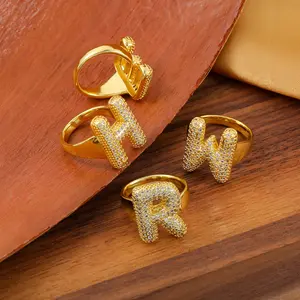 Rings for Women - 26 English Letter Gold-Plated Open Rings Inlaid with Diamonds and Zircons