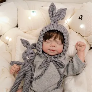 18" Sleeping Reborn Baby Doll with Rooted Brown Hair – Cloth Body, Vinyl Limbs & Head, Wearing Gray Cotton Romper + Hat, Includes Plush Toy, Magnetic Pacifier, Bottle & Birth Certificate – Realistic Newborn Collectible