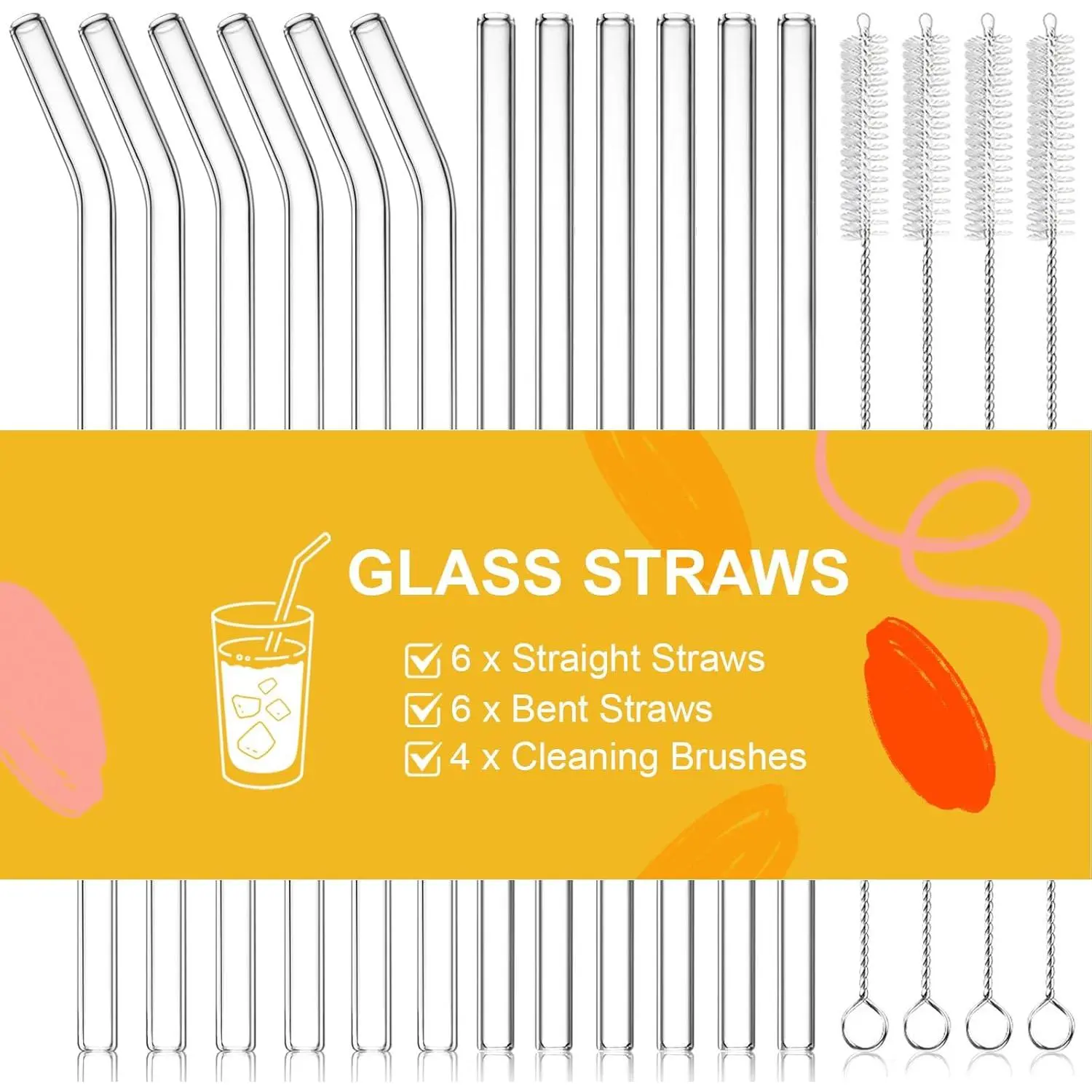 16 count  Glass Straws Set 6 Straight & 6 Bent Clear Drinking Straws (8.5''x10mm) with 4 Cleaning Brushes, for Smoothies, Milkshakes, Coffee, Juice, Milk,