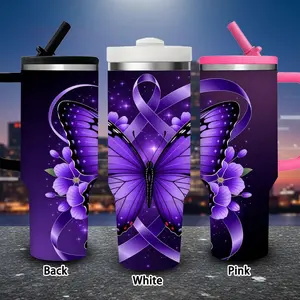 1 pc 40 oz Mystical Purple Butterfly and Ribbon Artwork Tumbler with lid and straw, winter insulated travel mug, gift for women and men, ideal for Valentine’s Day, Easter, birthday gifts, iced/hot coffee cup