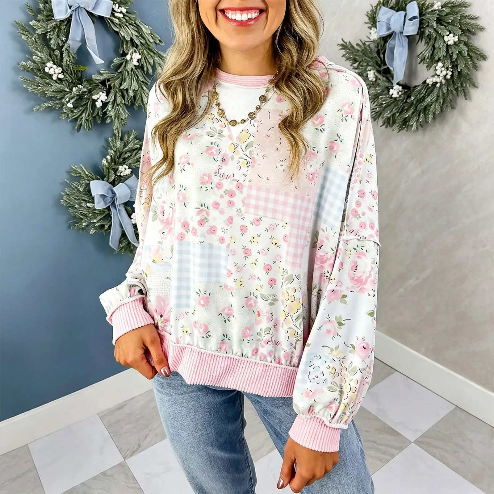 Hotapei Women Floral Patchwork Sweatshirt Contrast Rib Crewneck Long Sleeve Drop Shoulder Loose Fit Casual Pullover Top