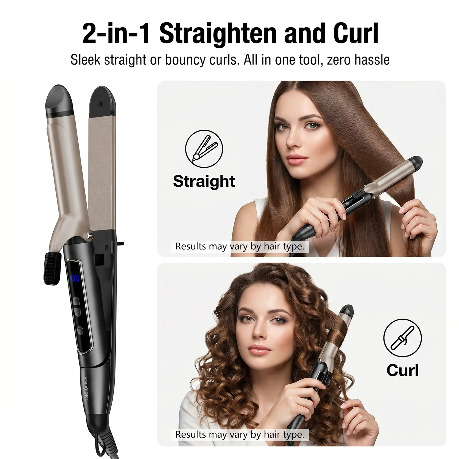 Hair straightener & curling iron, 2-in-1 hair styler, salon beach waver, dual voltage, straight and curly hair styling, affordable hair tools, VNEXPORT SD-516A-2 #SummerWins #DealsForYouDays