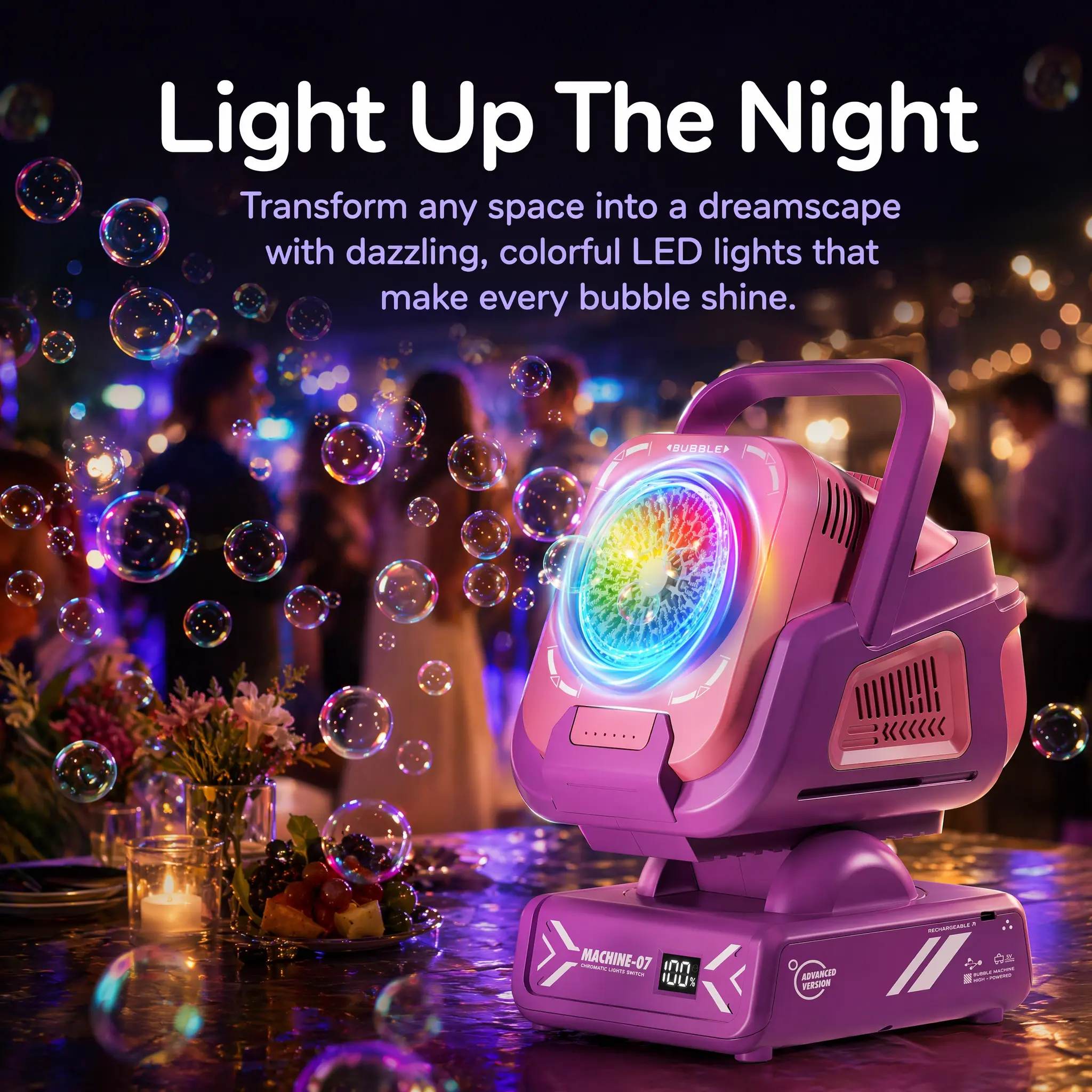 Upgraded Rechargeable Bubble Making Machine, Remote-Controlled Auto-Rotate Colorful Lights, Built-in 3.7V 1800mAh Li-ion Battery, 50ML Bubble Concentrate, 8-10 Year Lifespan, for Ages 8+