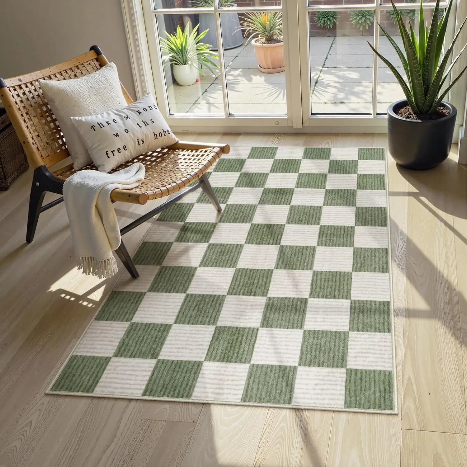 3x5 Washable Area Rug Checkered, Non-Slip Small Entryway Rug Green Farmhouse Neutral Classic Geometric Boys Rug for Bedroom Room Low-Pile Carpet for Indoor Kitchen Bathroom(Green 3'x5')