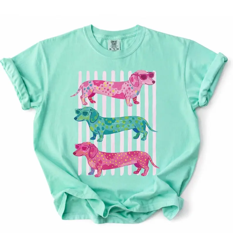 Comfort Colors Dachshund Beach Shirt, Colorful Wiener Dog Coastal Graphic Tee, Cute Summer Doxie T-Shirt