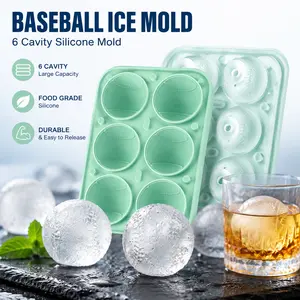 Baseball Ice Molds, 6-Cavity Large Silicone Ice Ball Maker with Lid for Whiskey & Cocktails, Sports Theme Gift for Men, Father's Day
