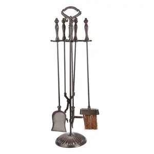 Sungmor Heavy Duty Cast Iron Fireplace Tools Set – 5 Piece Fire Tools with Stand, Fireplace Accessories for Wood Stove, Indoor Outdoor Fire Pit & Hearth