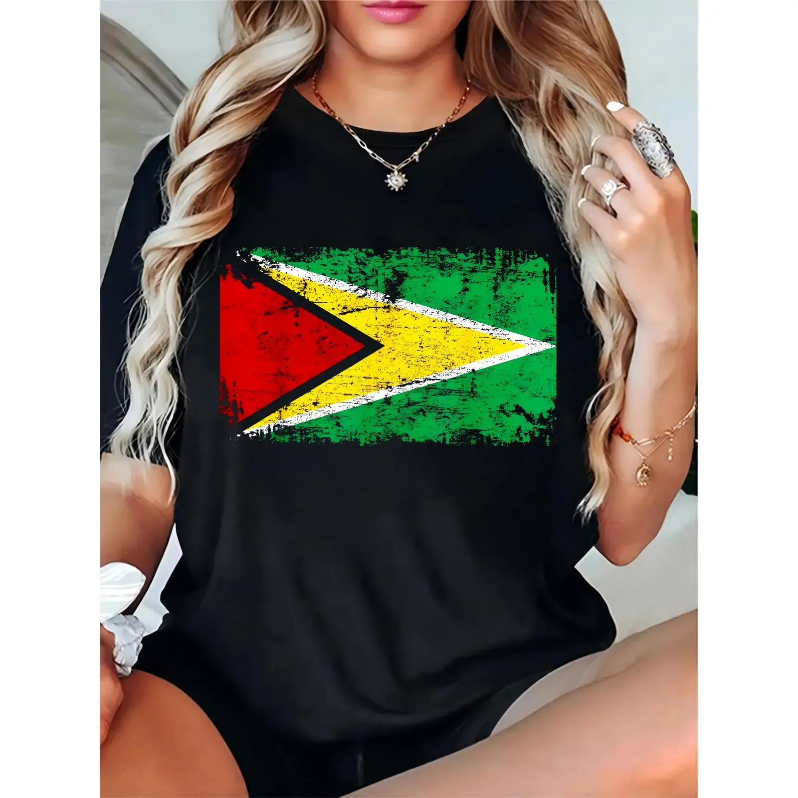 Women's Distressed Guyana Flag T-Shirt, Vintage Guyanese Pride Tee for National Day, Casual Daily & Cultural Celebrations