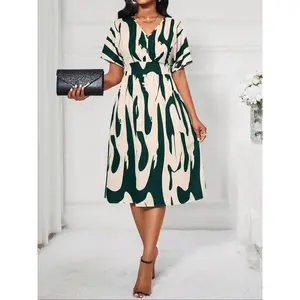 Women's All Over Print Woven Batwing Sleeve Shirred A Line Fitted Dress, Elegant Chic V Neck Short Sleeve Midi Dress, Ladies Summer Lightweight Clothes for Daily WearRAIMENTRY