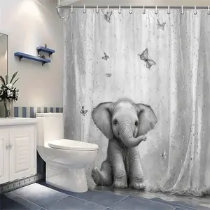 Cute Elephant Butterfly Pattern Shower Curtain, Cozy Bathroom Decoration, Easy to Clean, Creative Design, Suitable for Home Use