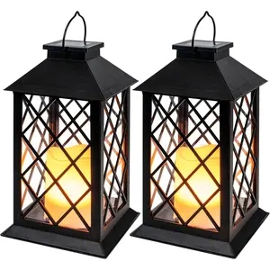 Solar Lanterns Outdoor  Hanging with Flickering Flameless Candles, 2 Pack 13'' Garden Outdoor Lantern Decorative for Patio Front Porch Backyard Balcony Cabin Outside Table(Black)