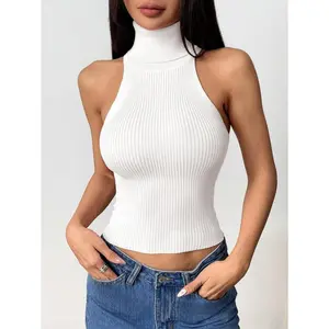 Women's Sleeveless Ribbed Knit Turtleneck Tank Top Slim Fit High Neck Halter Style in Stretch Fabric for Layering or Standalone Chic Basic Essential Piece Stretchy