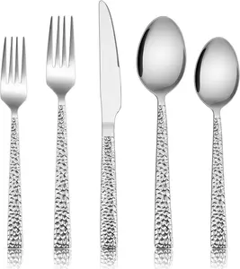 Hammered Silverware Set, Stainless Steel Square Flatware Set , Metal Tableware Cutlery Set Includes Dinner Knives/Forks/Spoons, Modern Design & Mirror Polished - Dishwasher Safe