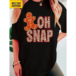Women'S Gingerbread & Leopard Print "OH SNAP" Graphic T-Shirt - Short Sleeve Crew Neck Casual Top with Gingerbread for Man & Leopard Spot Lettering, All-Season Comfortable Casual Attire, Christmas Party Outfit, Trendy Versatile Tee for Women