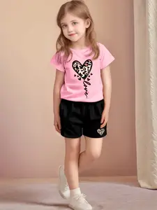 Girls' 2-Piece Set Leopard Heart Print Short Sleeve T-Shirt & Shorts, Summer Outdoor Casual Sports Wear, Fitted All Seasons Clothing