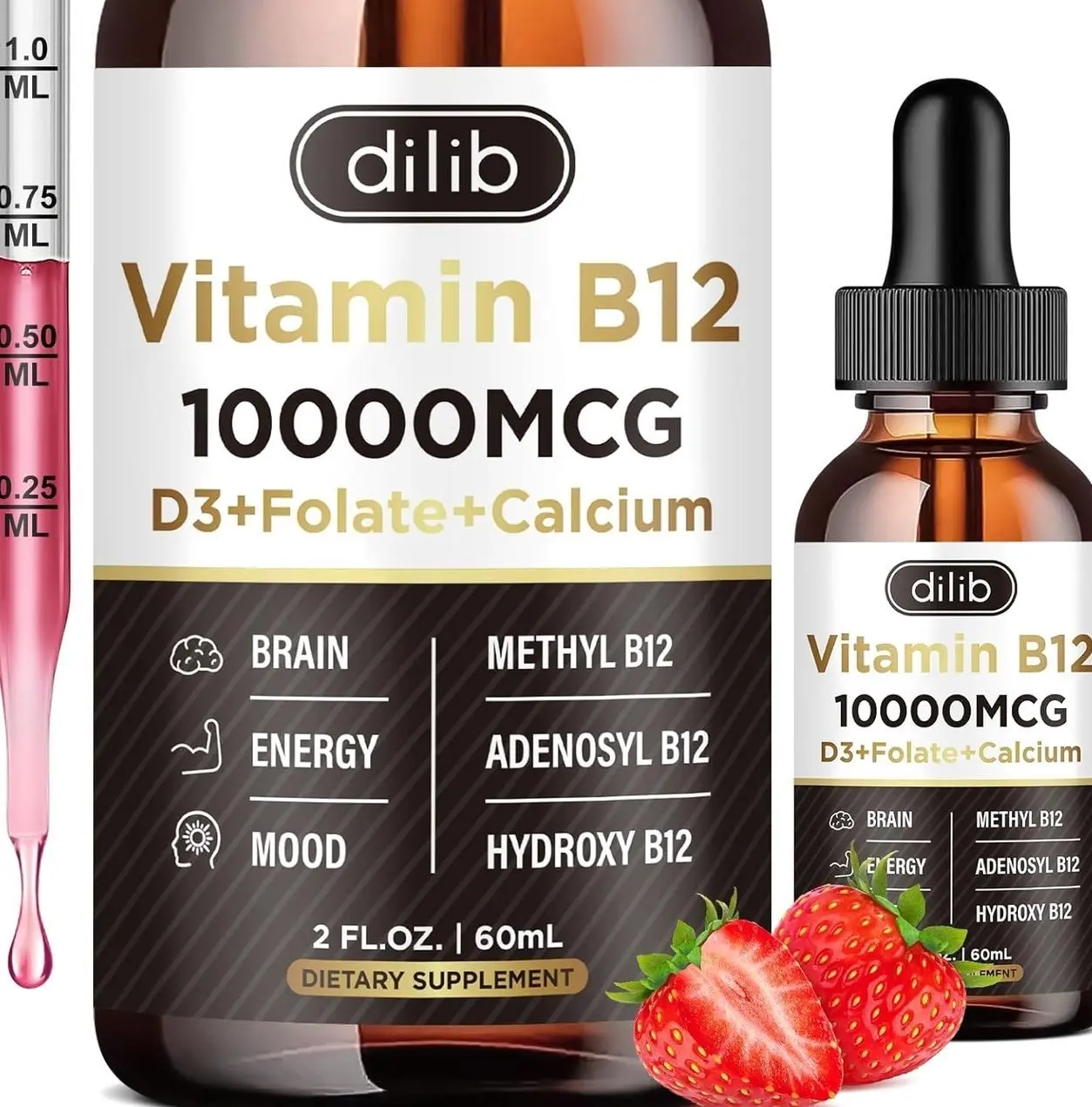 Vitamin B12 Liquid Drops Sublingual 10000 mcg, Triple B-12 Complex Supplement, Methyl & Methylcobalamin Blend for Women & Men, Mood & Energy Booster, Methylated B 12 for Metabolism & Health Support