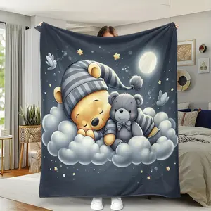 Bear Winnie Soft Warm Blanket, Moon Stars Clouds Design, Perfect Gift for Valentine Birthday Festival, Multi-Purpose Sofa Bed Beach Camping
