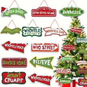 12pcs Christmas Whoville Tree Decorations, Cute Large Paper Crafts, Tree Hanging Ornaments, Signs for Christmas, Whoville Post Office, Indoor Porch Party Decor, Whoville Decorations Set