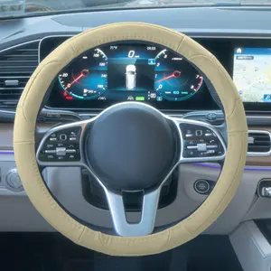 Deluxe Full Grain Authentic Leather Steering Wheel Cover Solid Beige