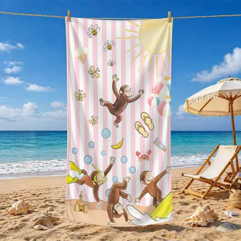 Striped Monkey Print Microfiber Beach Towel, Soft Absorbent, Lightweight Quick-Dry, Ideal for Summer Travel