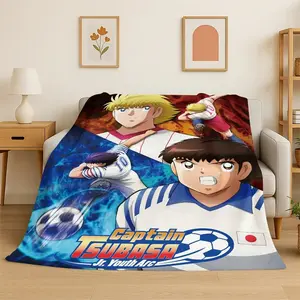 Retro Captain Tsubasa Soccer Cartoon Flannel Blanket Soft Warm Throw Blanket for Bedroom Living Room Bed Travel Picnic Gift