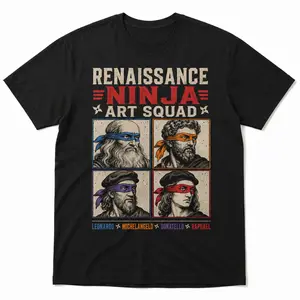 Graphic Tee Men Casual Short Sleeve T-Shirt, Renaissance Ninja Art Squad, Leonardo Michelangelo Donatello Raphael Funny Italian Artists Streetwear Shirt