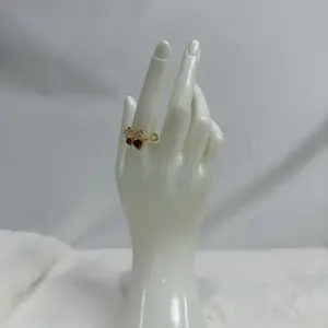 Cherry Bow Ring - Elegant Gold-Tone Design with Red Gemstone Accents for Women's Fashion