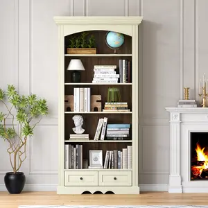 Loomie Farmhouse Arched Bookcase with Stroage, 5-Tier Arch Bookshelf with Drawers, Freestanding Bookcase