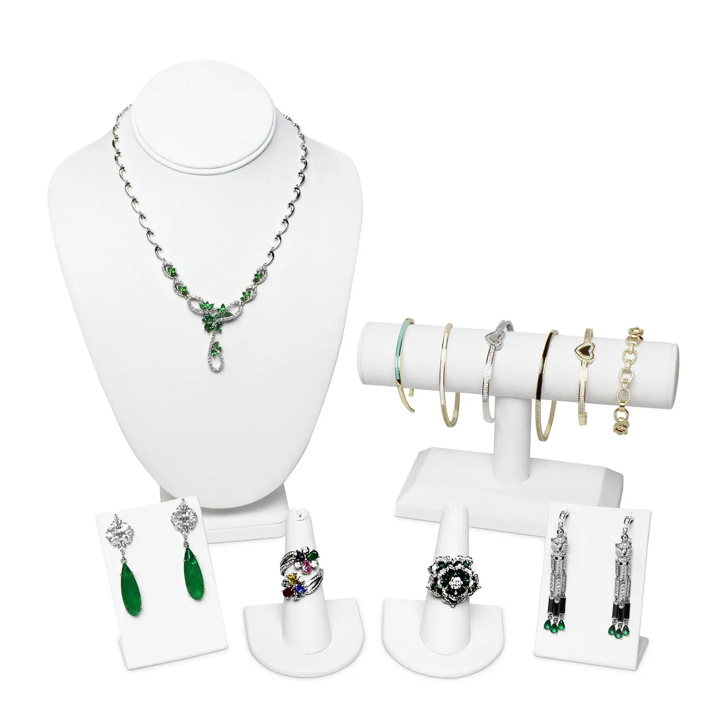 #JWY1317-LW 6 Pcs Jewelry Display Set, Necklace Display Bust, T-Bar Bracelet Stand, Earring Organizer, Ring Holder Stand for Showcase and Store, Premium White Faux Leather