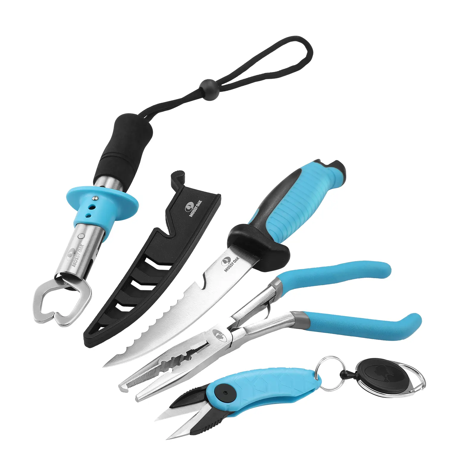 #fathersdaygift Mossy Oak 4-Pack Fishing Tool Kit - Pistol Grip Fishing Pliers, Fish Fillet Knife, Fishing Gripper, Line Snip, Fly Fishing Retractor with Retractable Lanyard
