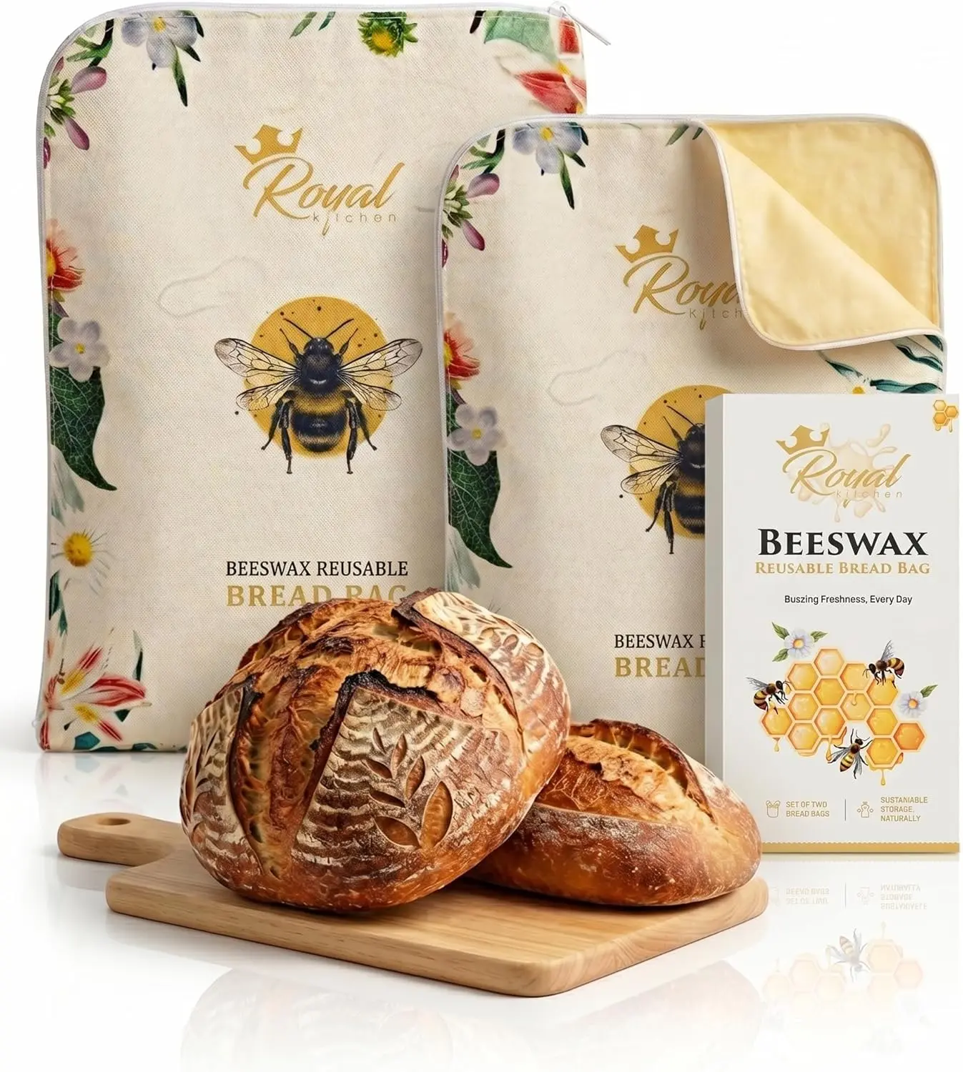 Wide Zipper Reusable Beeswax Breads Bag | 2 Pack Organic Sourdough bread bags for homemade bread | Fridge and Freezer friendly Beeswax Lined cotton bag to keep your bread fresh and preserved
