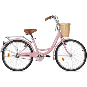 Max4out Beach Cruiser Bike for Adult, 24 & 26 Inch Comfort Bikes with Rattan Front Basket, Womens Bicycle with Adjustable Seat and Dual V-Brake (Pink & White & Green & Purple & Black)