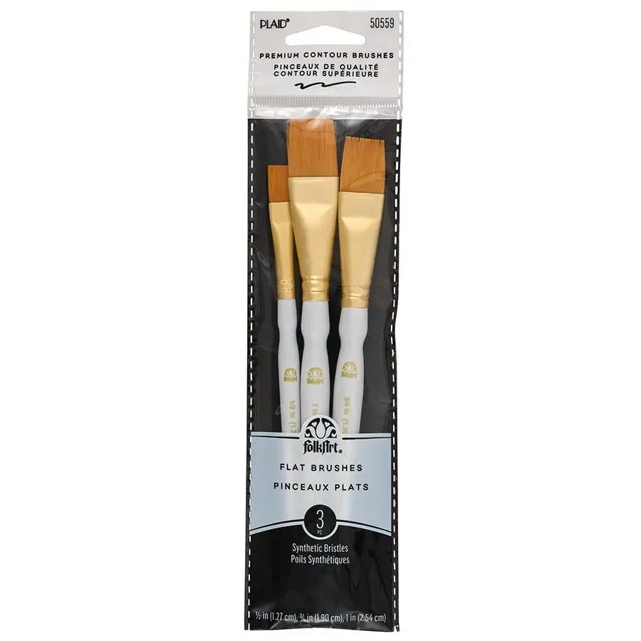 FolkArt® Gold Taklon Paint Brush Set - 3-Piece 3 Sizes (Including 1-in Wash Flat Shape), Durable Bristles, Base Coat Application, Smooth Strokes, Surface Painting for Artists, DIY Projects, Easy Cleanup - 50559