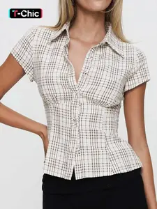 Women's Plaid Print Curved Hem Blouse, Casual Button Front Short Sleeve Buttoned Collared Top for Summer, Ladies Clothes for Daily Wear, Casual Shirt