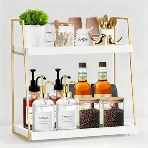 Multifunctional 2 Tier Wooden Coffee Bar Organizer for Countertop Corner, Coffee Station Storage Organizer for Coffee Accessories