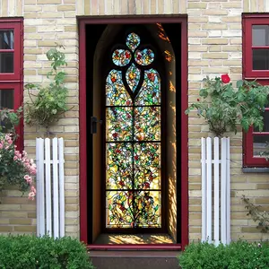 2pcs Stained Glass Window Wall Decal Church Style Religious Art Decorative Sticker Self Adhesive Removable Window Cling for Living Room Bedroom Home Decor
