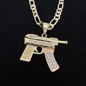 Iced Out 14K Gold Plated Hip Hop Boy Metal Machine Gun Necklace - Casual Style, Water Resistant, Tarnish Free, Gift Ready
