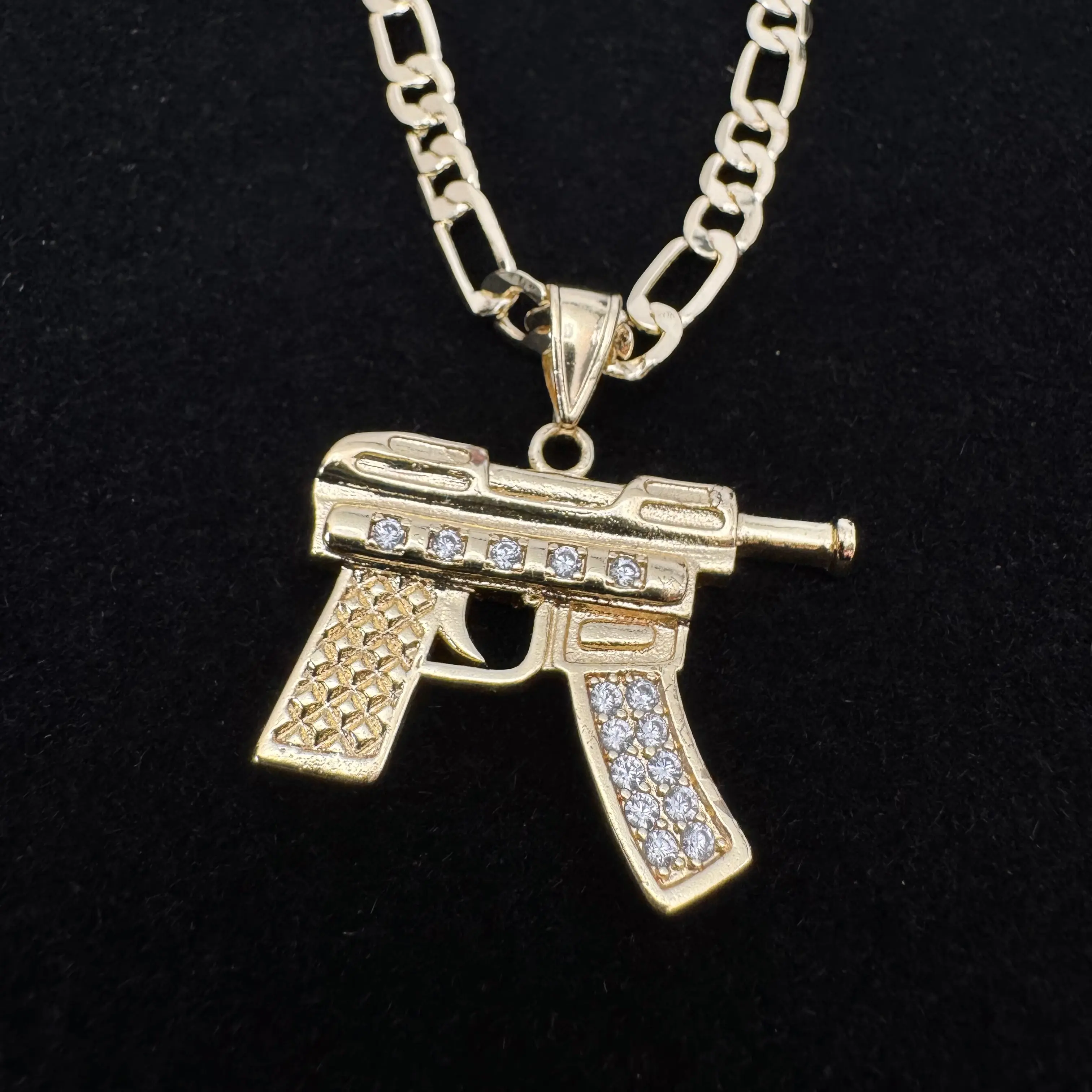 Iced Out 14K Gold Plated Hip Hop Boy Metal Machine Gun Necklace - Casual Style, Water Resistant, Tarnish Free, Gift Ready