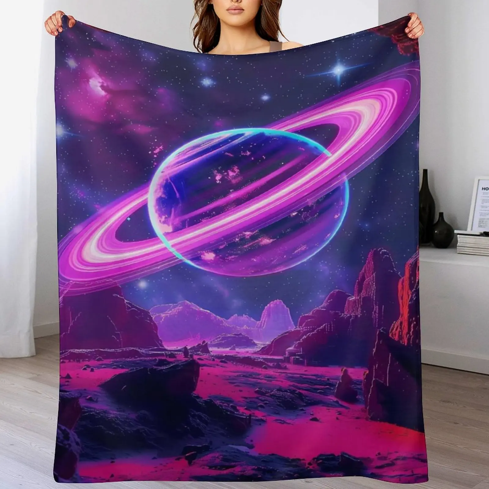 Neon Purple Saturn Alien Planet Fleece Blanket, Cyberpunk Cosmic Galaxy Throw Blanket, Soft Flannel Space Landscape Blanket for Bed Couch, Futuristic Gift for Sci-Fi Lovers, Vaporwave Nebula Room Decor
