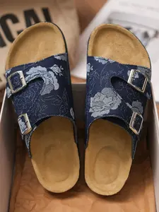 Unisex Boho Sandals, Vintage Denim Floral Eva Slide Slippers, Adjustable Buckle, Breathable Cork Insole, Durable Rubber Sole, All-Season Wear