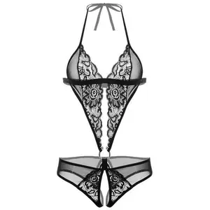 Women Deep V Lingerie Lace One Piece Mini Bodysuit